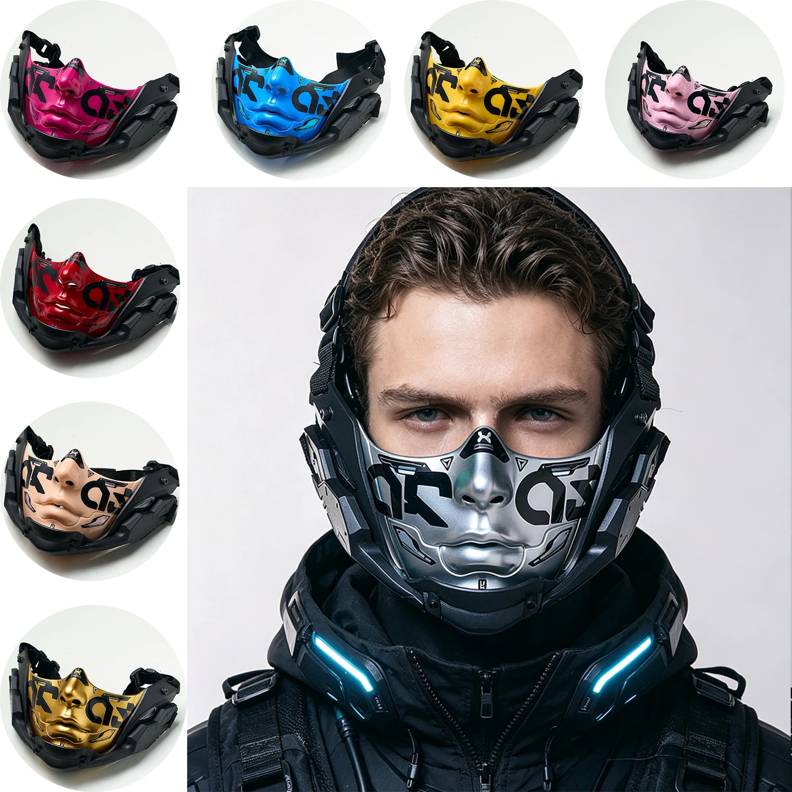 Image of 14-Farbige Cyberpunk Halbgesichtsmaske im Mecha-Stil, Halloween Cosplay Maske mit Verstellbarem Riemen, Atmungsaktive Komfortable Party-Kostüm Gesichtsbedeckung