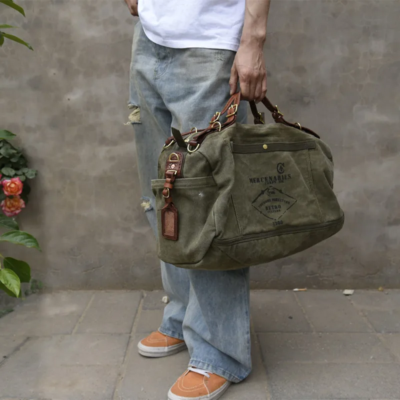 

Вместительная утолщенная сумка-тоут из выстиранного холста с верхним слоем из воловьей кожи для путешествий, тренировок, фитнеса, катания на лыжах и кемпинга