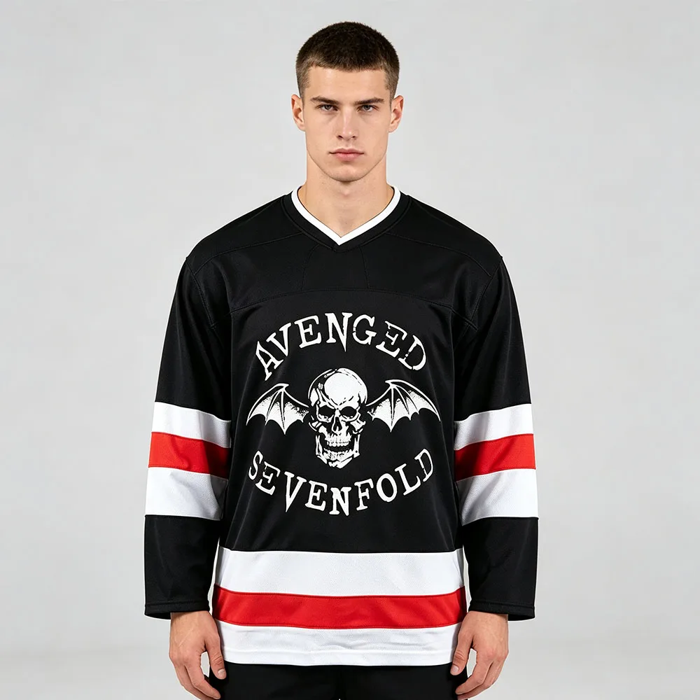 Avenged Sevenfold Skull Bat Red Hockey Jersey Unisex V-neck Long Sleeve Hockey Uniform Summer Breathable Quick Dry Sportswear