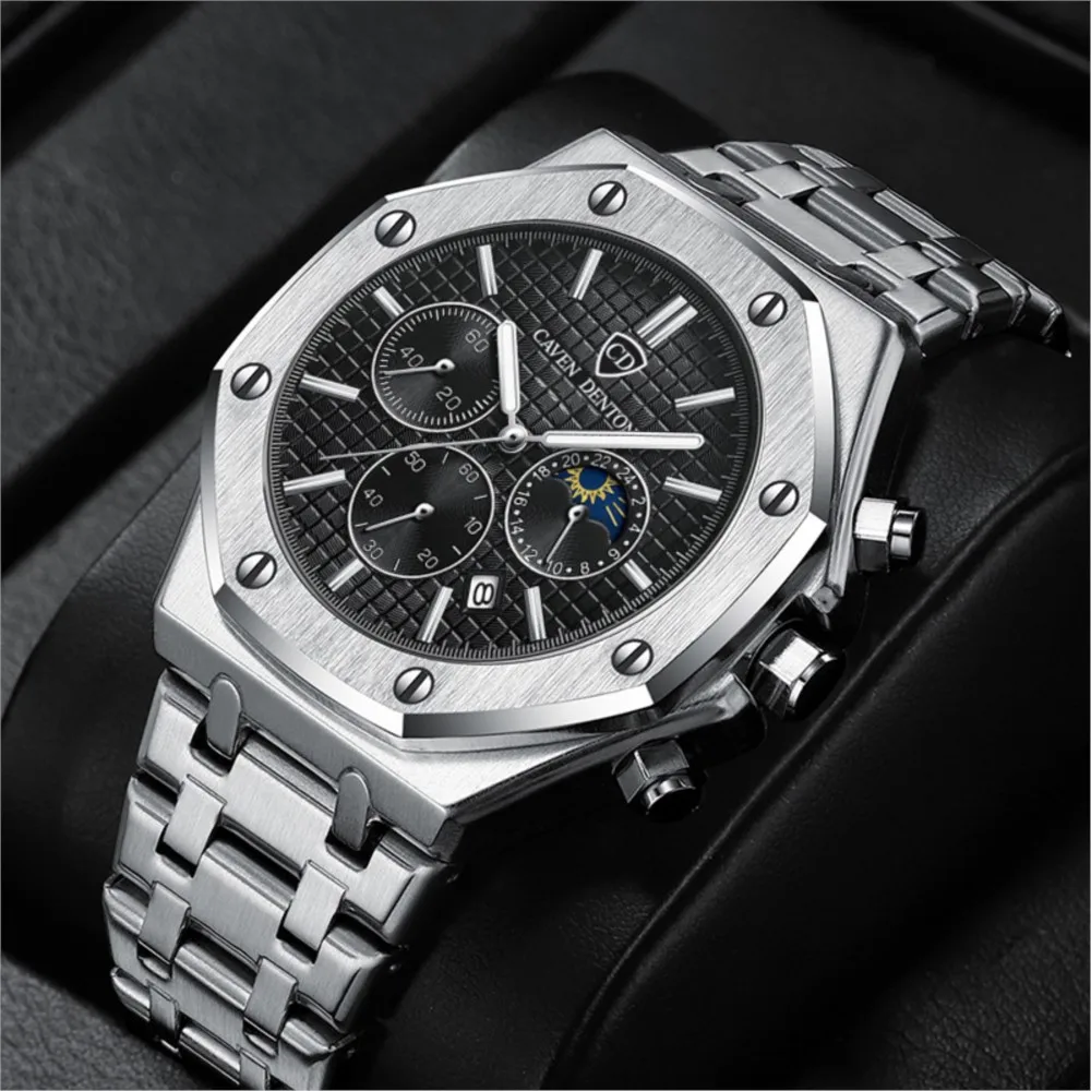 Stainless Steel Watch For Men Business Fashion Silver Quartz Watches Luxury Brand with Moon Phase Chronograph Decoration Clock