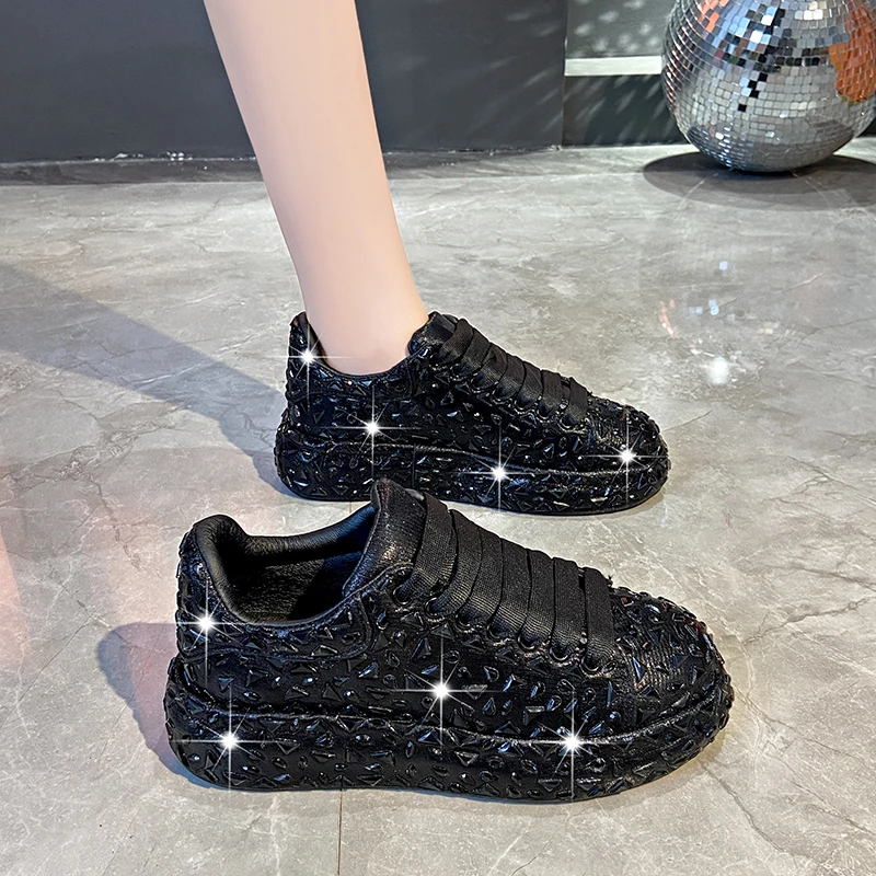 Sepatu wanita, Sneaker Platform berlian imitasi berkilau 5CM, sepatu desainer untuk wanita, nyaman, Sneaker Bling