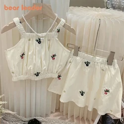 Bear Leader Little Girl Summer Korean Children's Clothing Embroidered Suit Girl's Suspender Shirt Skirt Pants Two-piece Set