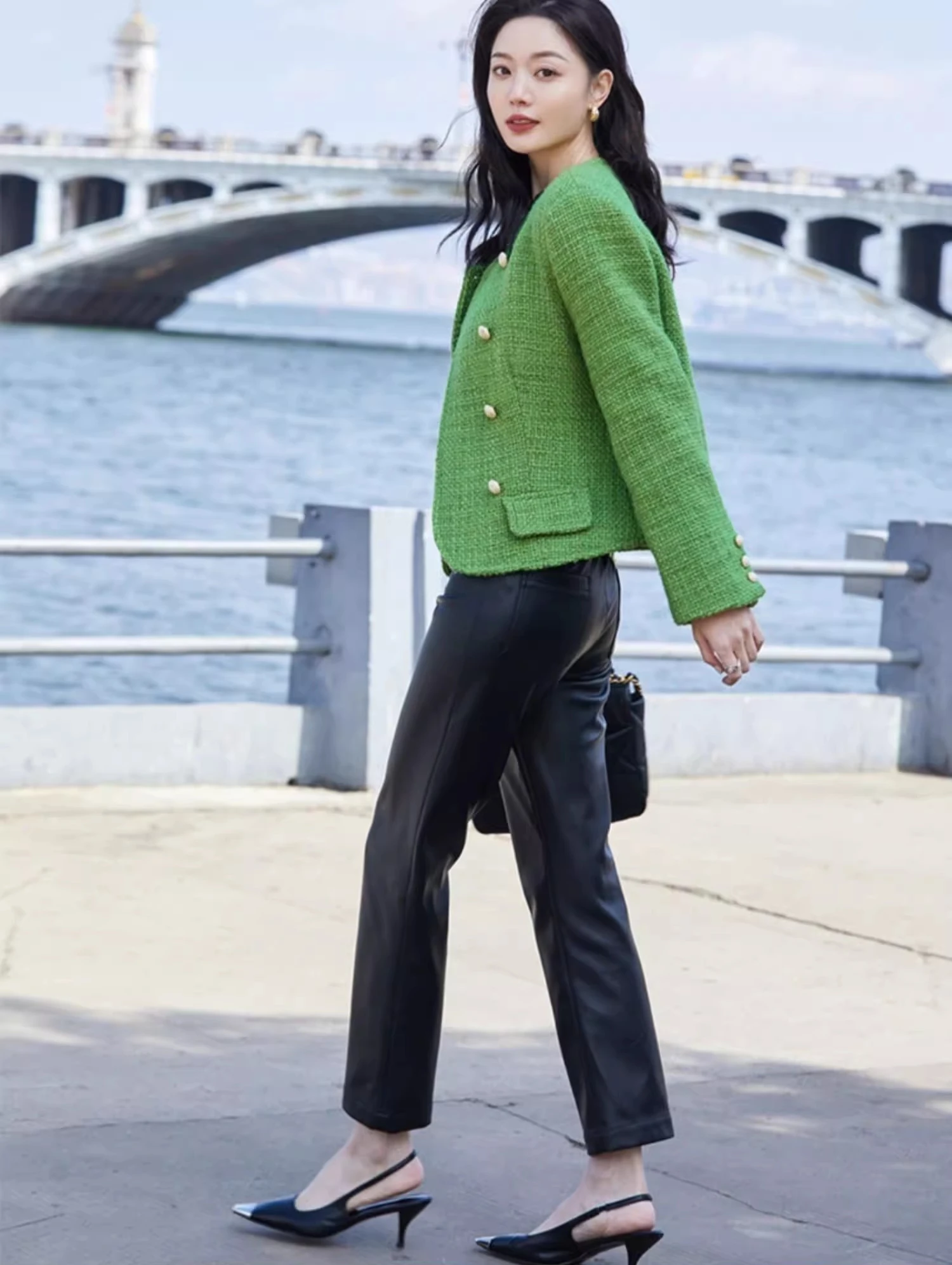 

High Waist Straight Leg Casual Leather Pants Real eep Leather Faionable Versatile Women's Autumn Seasonal High Street Sle