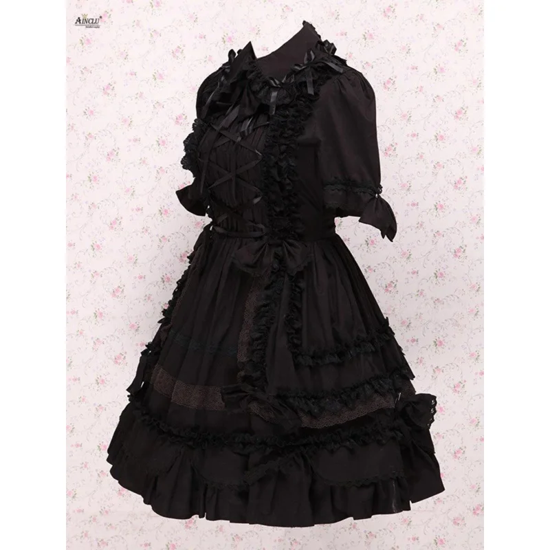 Vestido gótico de Lolita para mujer, disfraces de algodón de manga corta, línea A, XS-XXL, longitud hasta la rodilla, color negro oscuro