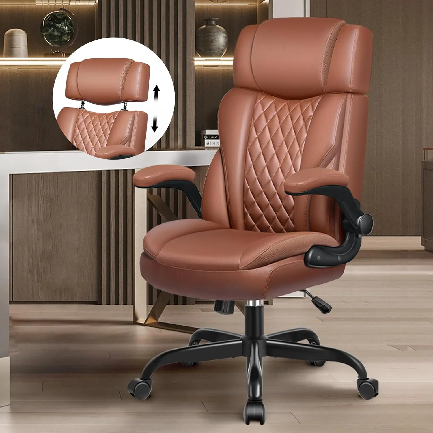 Office Chair Flip Up Arms, Executive Leather Office Chair Ergonomic Desk Chair with Lumbar Support, Adjustable Headrest