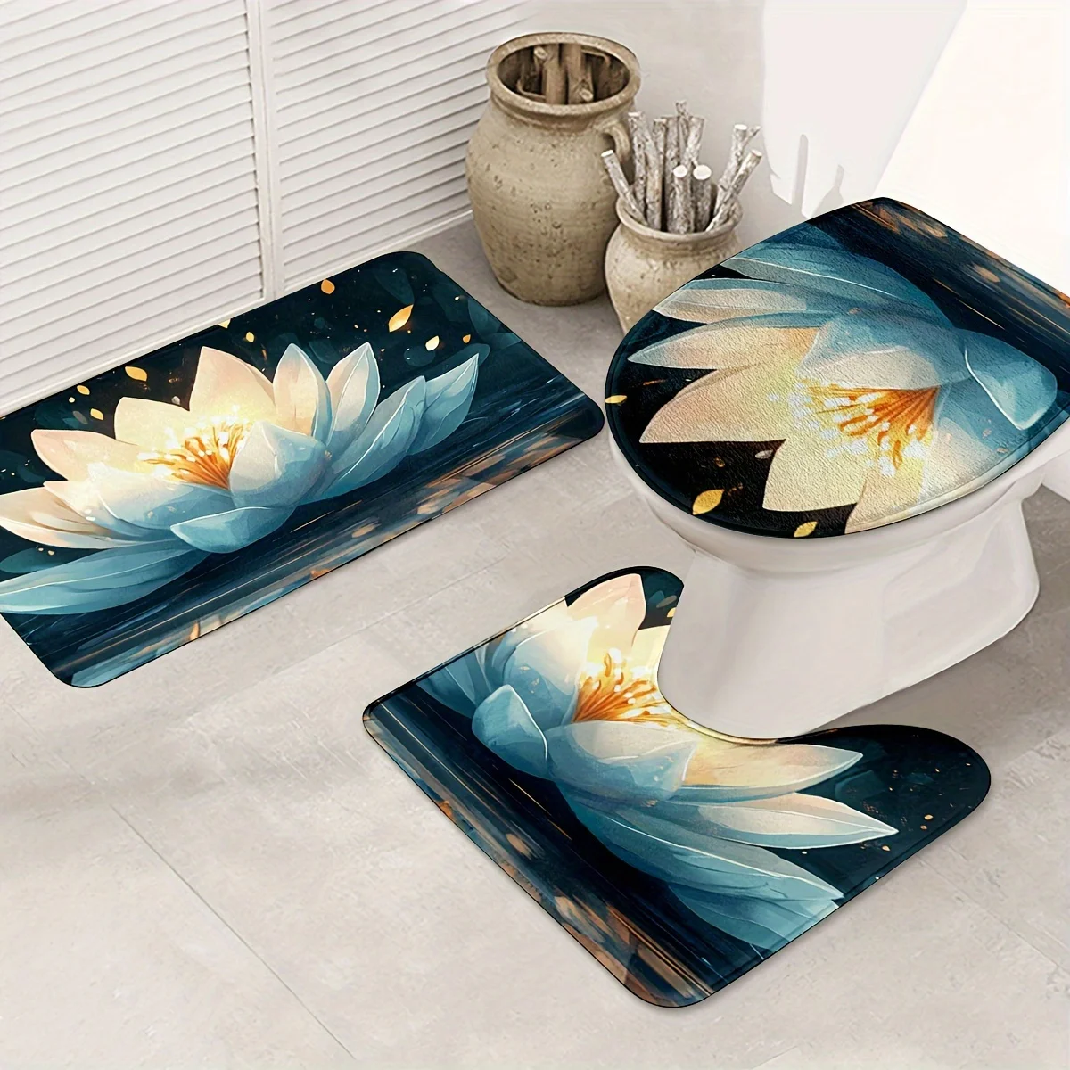 

3 упаковки из полиэфирной ткани с принтом лотоса, можно стирать в машине, U-образные нескользящие коврики для сиденья унитаза для украшения ванной комнаты