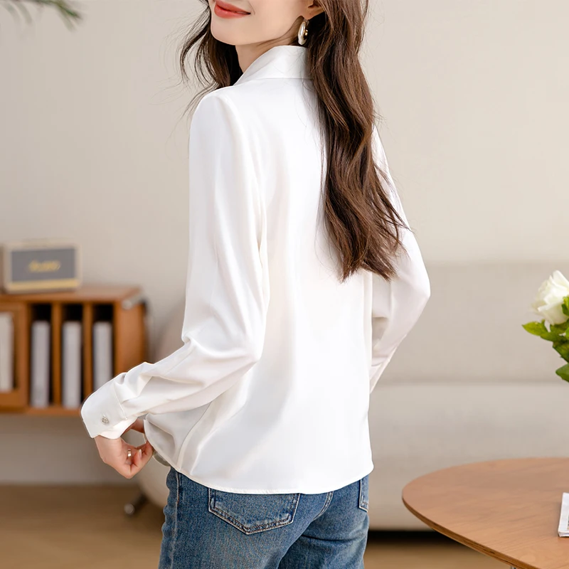 بلوزة بيضاء أنيقة بأكمام طويلة قابلة للطي للنساء ملابس عمل مكتبية قمصان شيفون قطع علوية أساسية بلوزة نسائية عصرية 2025 Blusas Mujer #3