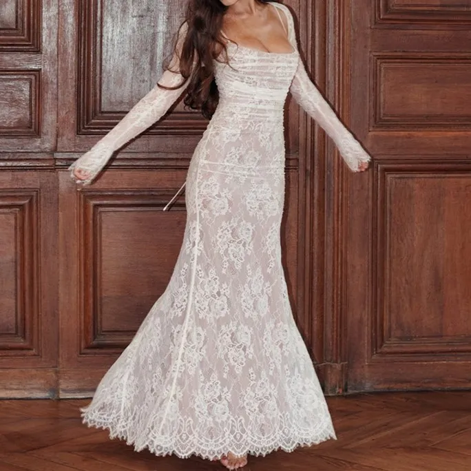 

Elegant Lace Maxi Dress See Through Long Sleeve Slip Prom Dress For Women Lace-up Evening Dress Homecoming Sexy 2024