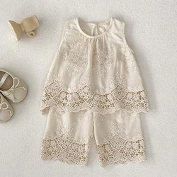 2024 New Summer Korean Style Children Clothes Suit Sleeveless Cotton Embroidered Vest+Pants Infant Baby Girls Clothing Set