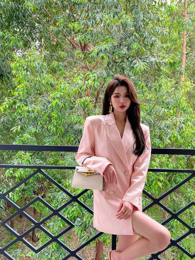 여성용 블레이저 코트 홀리데이 솔리드 컬러 슬리브 버튼 이브닝 뷰티블루 그라데이션 버튼 플로킹 플래터링 엘라스틱