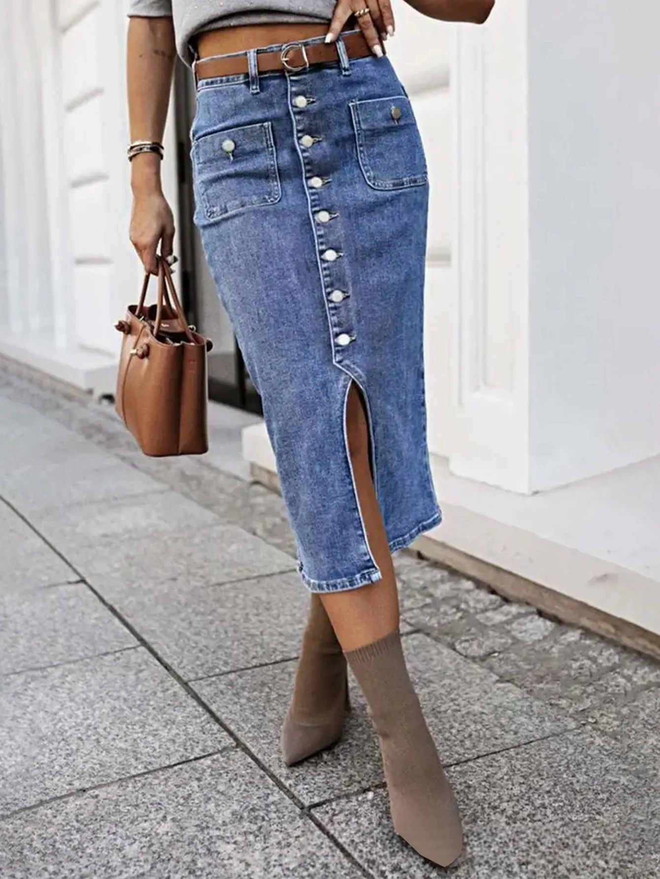 

Women's High Waist Button through Denim Skirts Summer Autumn Casual Basic Skirts Daily Style