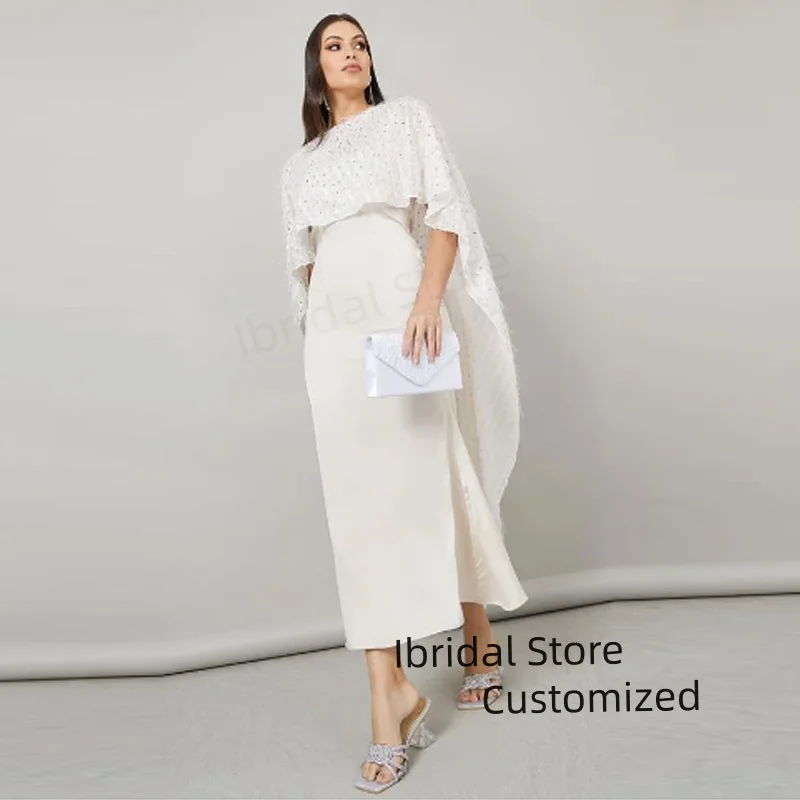 

Customized Luxury Women's Sequins Fur Mermaid Evening Dresses Sleeveless With Shawl Tea-Length Elegant Prom Dress