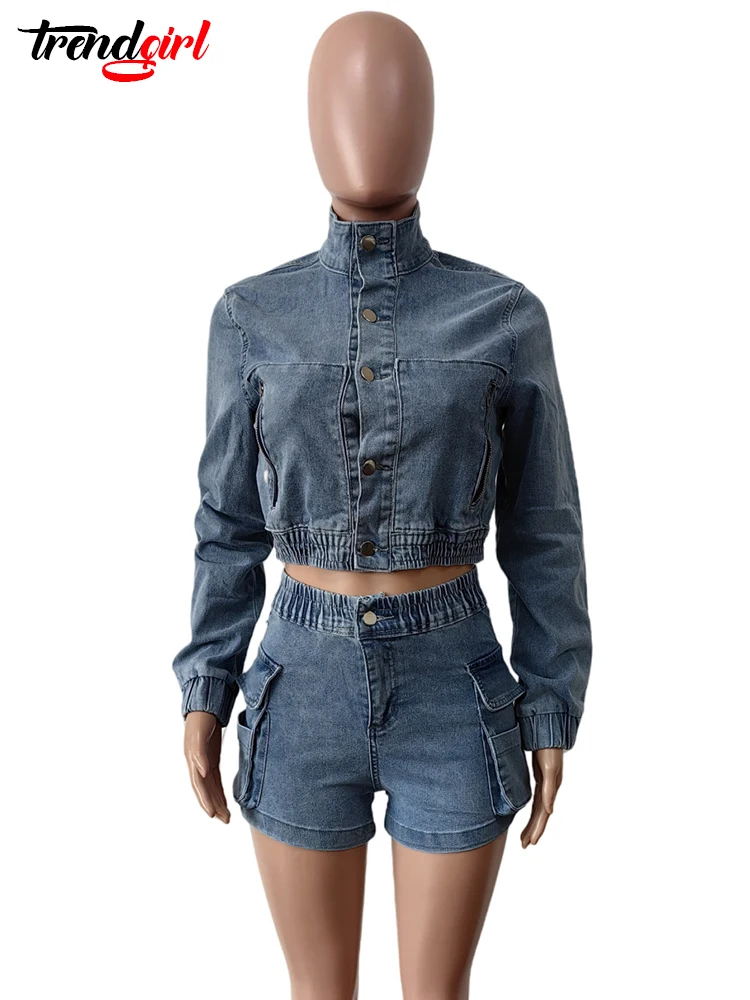 Mlaiscsr Stretch Denim Long Sleeve Two 2 Pieces Set Women‘s Streetwear Jacket Crop Tops and Shorts Jean Matching Suit Clubwear