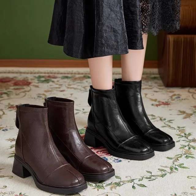 

Invisible Leather Short Boots Women's Fashion Retro British Style Booties Square Head Warm Inner Fleece High Heel Autumn Wint...