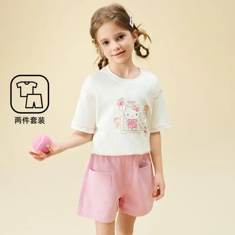

Sanrio для девочек, летний новый стиль, 2 шт., детский тонкий мультяшный модный комплект с короткими рукавами, универсальная футболка, шорты, милая, хит продаж