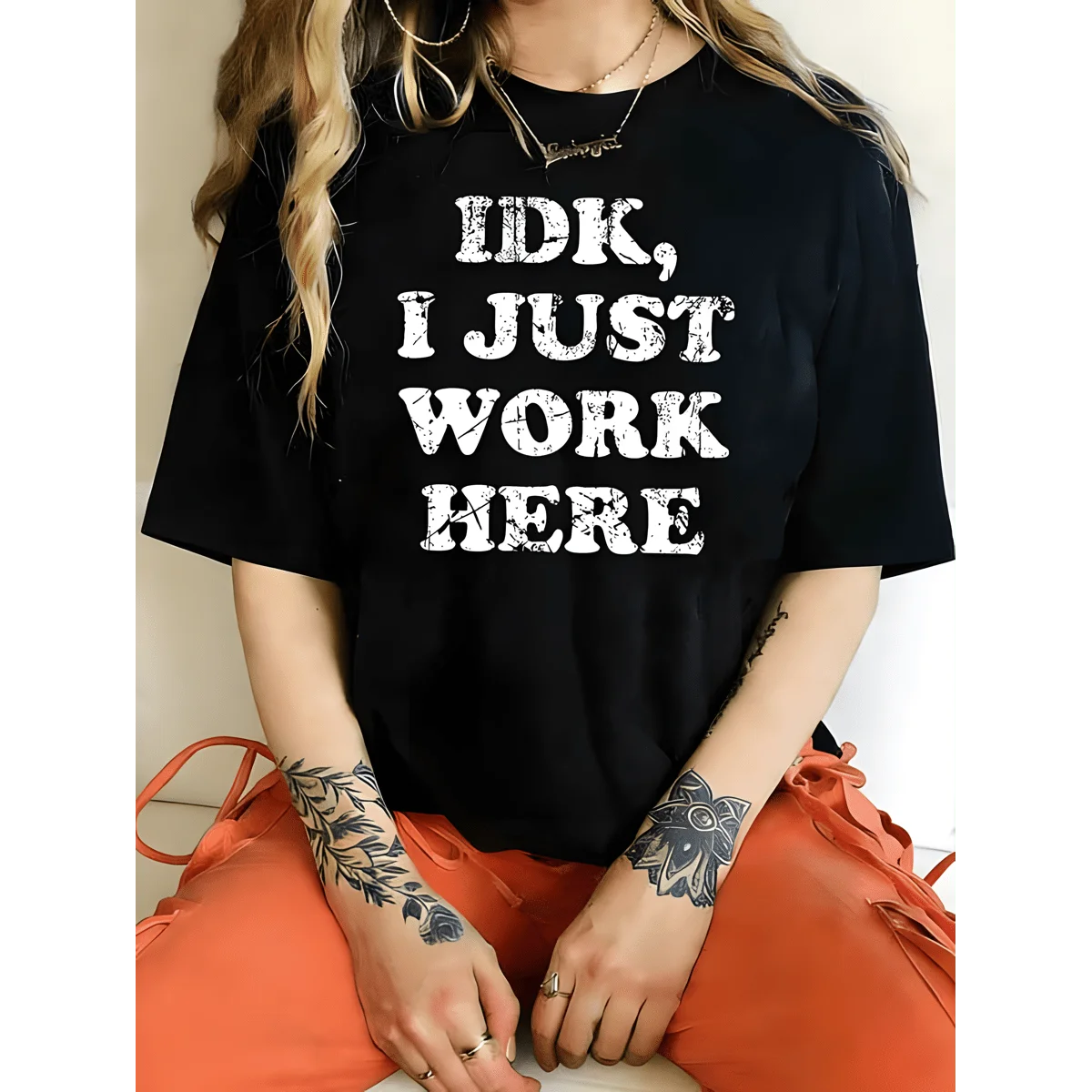 Women Plus Size Oversized Graphic T‑Shirt IDK I Just Work Here Sarcastic Letter Print 100% Cotton Short Sleeve Curvy Fit Funny Humor Casual Everyday Novelty Tops