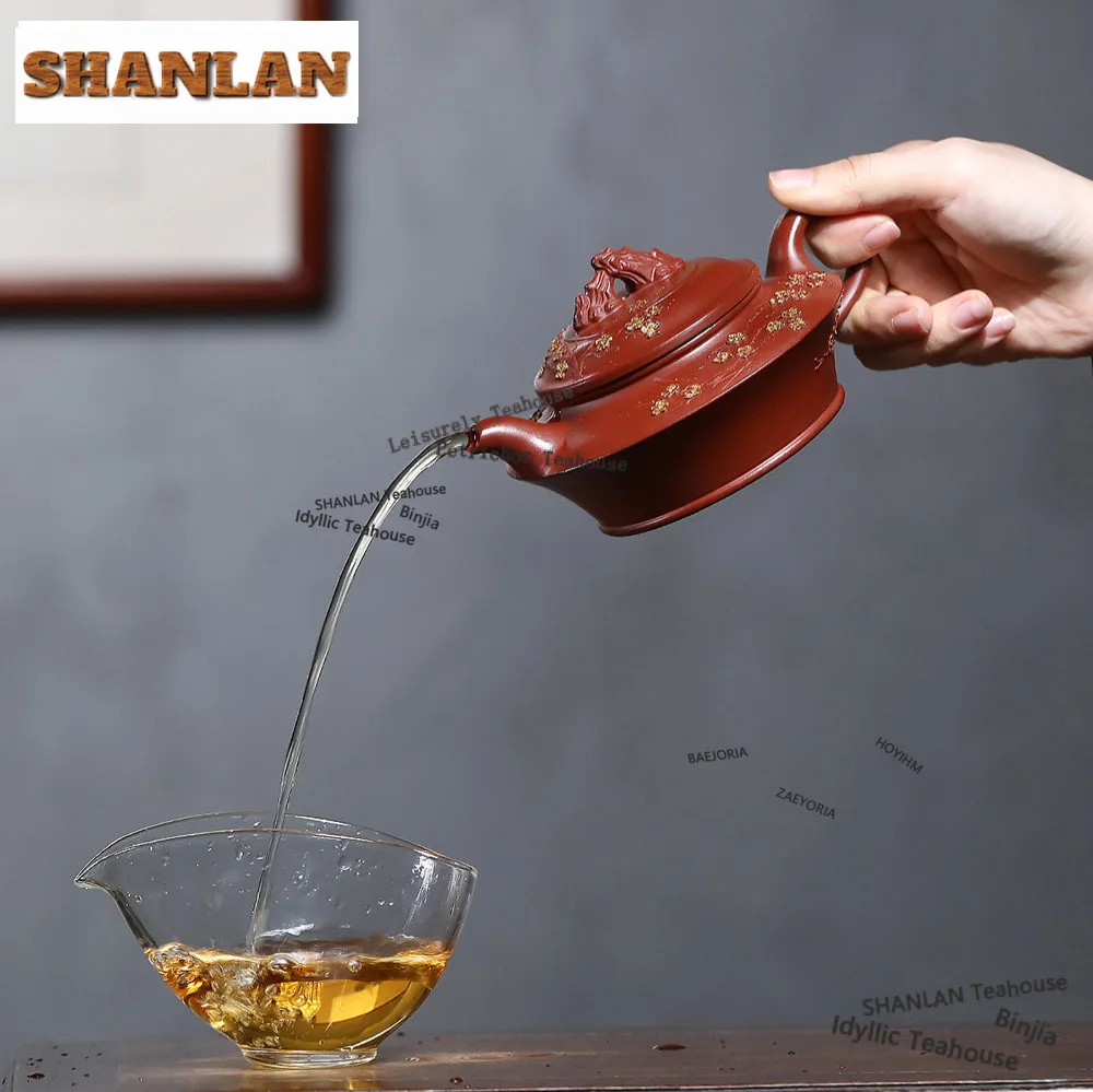 HOYIHM 230ml Traditional Yixing Purple Clay Teapots Handmade Gold Drawing Pot Raw Ore Dahongpao Mud Kettle Zisha Tea Set Gifts