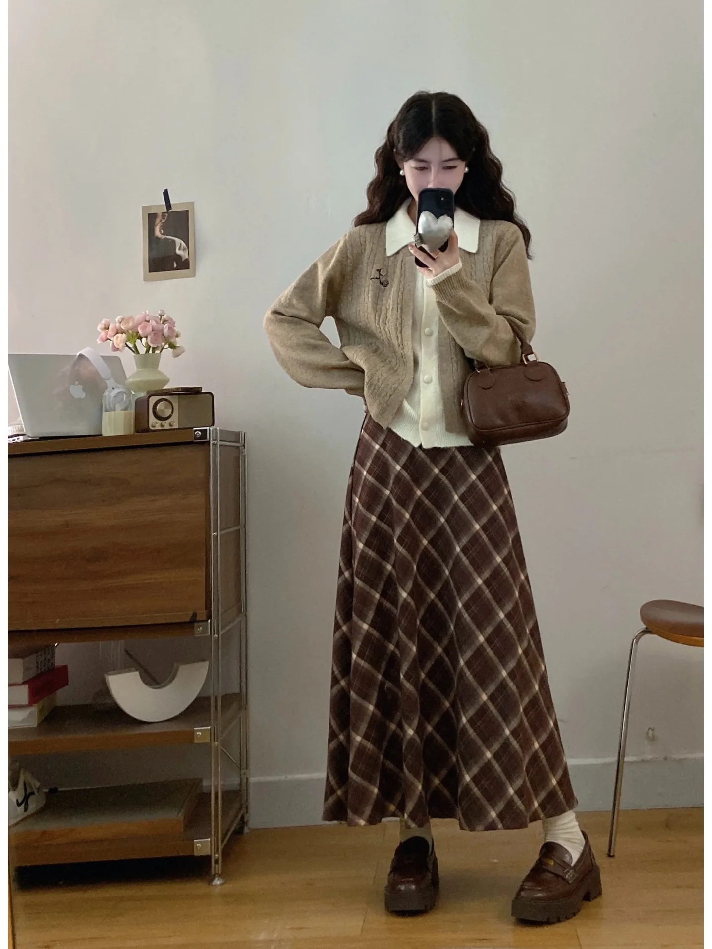 

plus Size Knitted Set Autumn Winter High Waist A-Line Skirt And Open Cardigan Color Block Plaid Fashion plus Size Women's Outfit