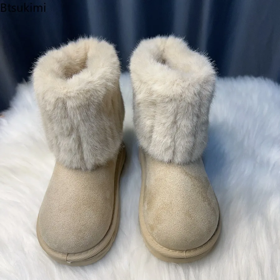 Winter Classic Children's Furry Snow Boots Beige Outdoor Girls Fashion Ankle Cotton Boots Warm Soft Kids Causal Thermal Boots