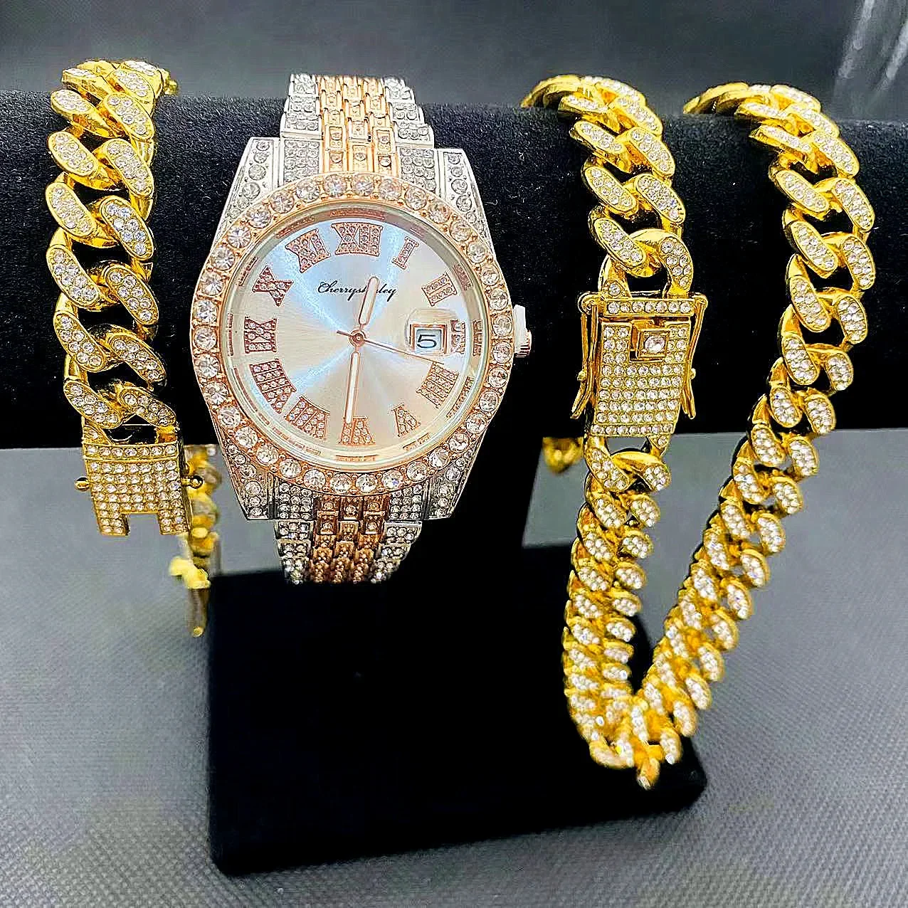 Full Iced Out Watches Male Cuban Link Chain Bracelet Necklace Choker Bling Jewelry for Men Big Golden Chains Hip Hop Watch Set