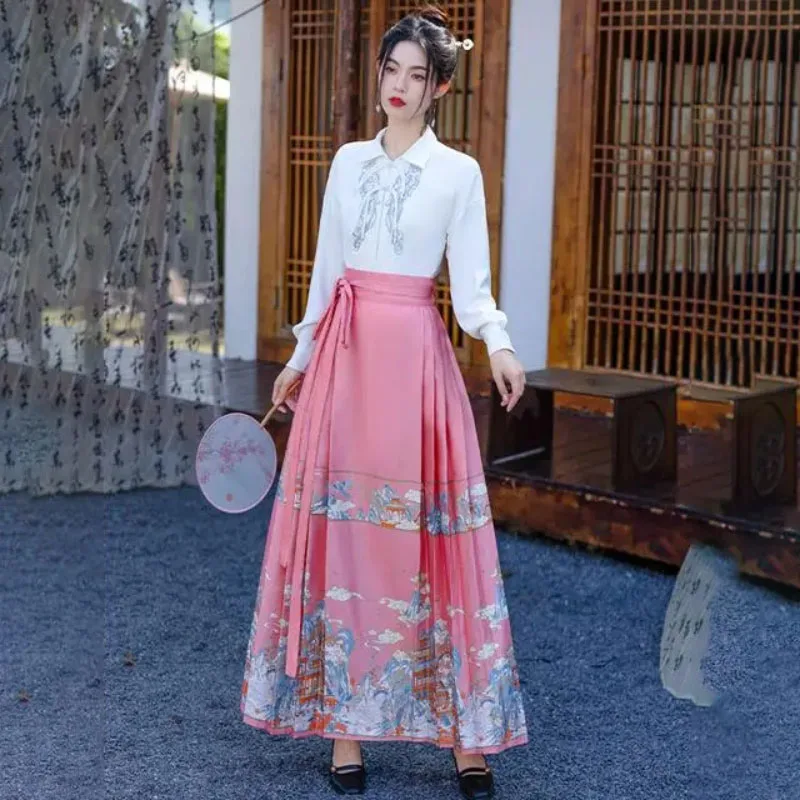 Spring 2024 New New Chinese Hanfu Women's Dress Horse-Faced Dress Suit Loose Sweet Dance Dress Two-Piece  Annual Meeting Gown