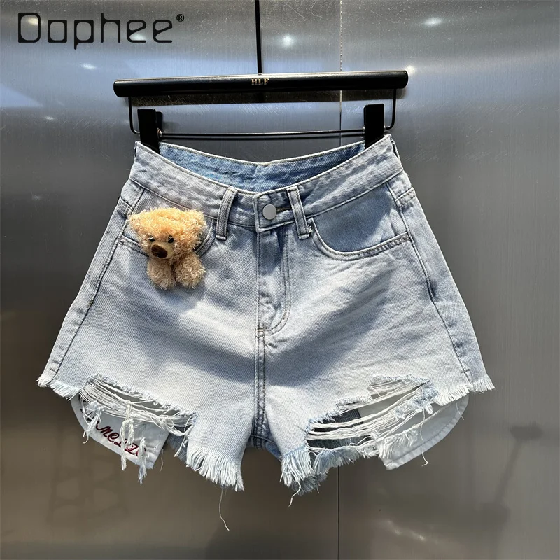 Three-dimensional Bear Fringed Rough Edge Denim Shorts Summer American Retro Hot Girl High Waist Loose A-shaped Wide-leg Shorts