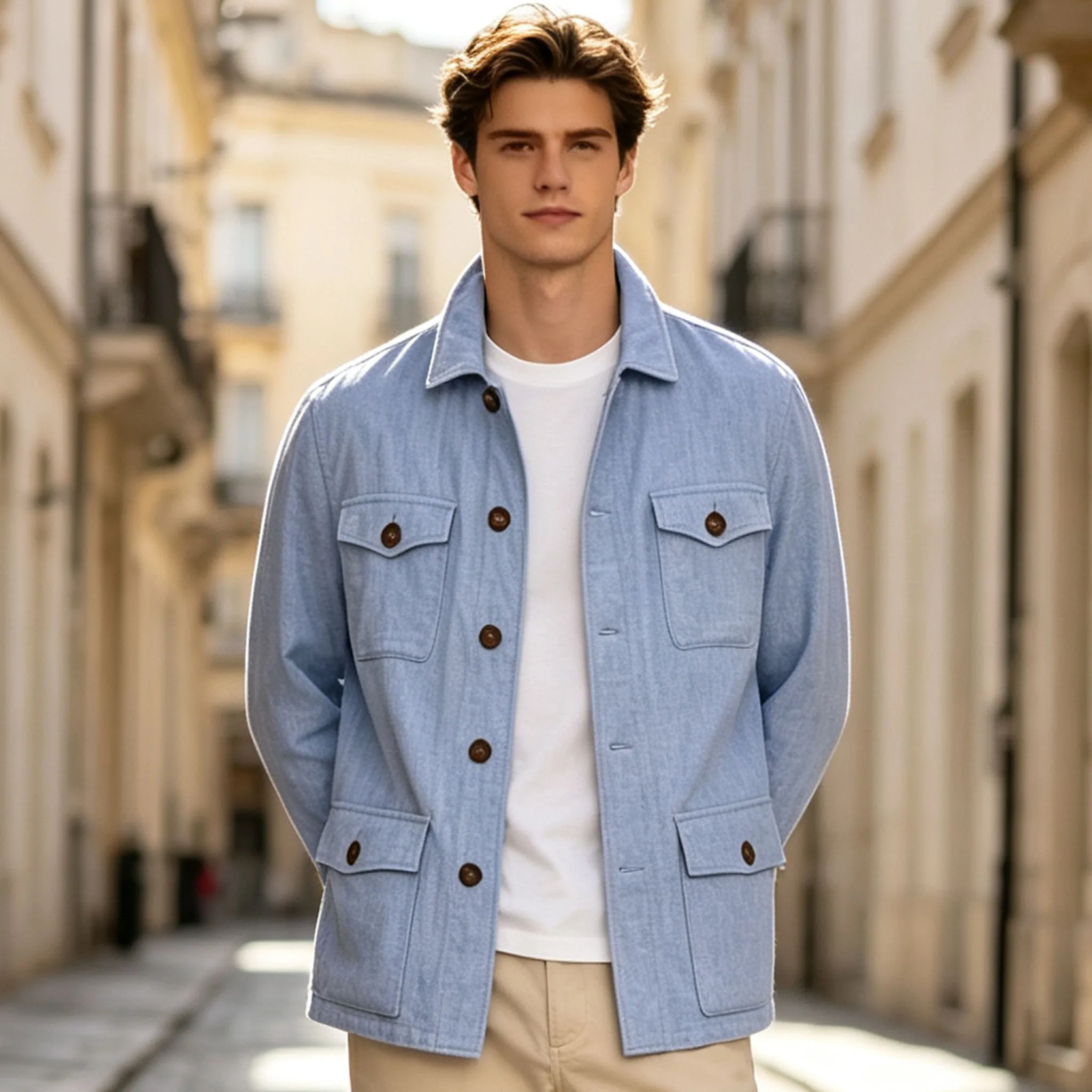 Elegant Men's Linen Blend Safari Jacket Lapel Multiple Pockets Casual Breathable Lightweight Vintage Beach Wedding Summer Blazer
