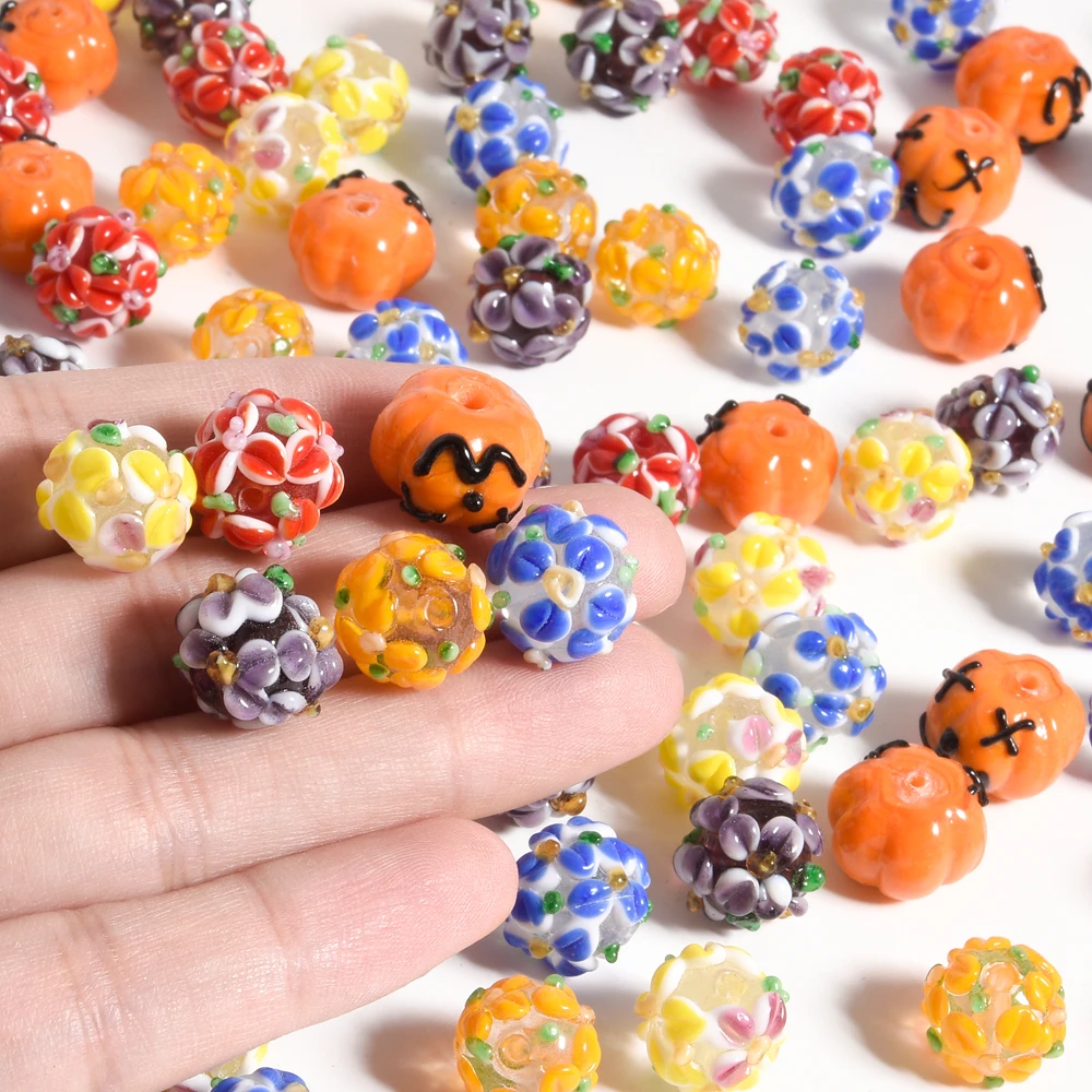 6-15pcs/Lot Fashionable Glass Bead Pumpkin Petals Round Beads Spaced Beads Diy Necklaces Bracelets Keychains Jewelry Accessories
