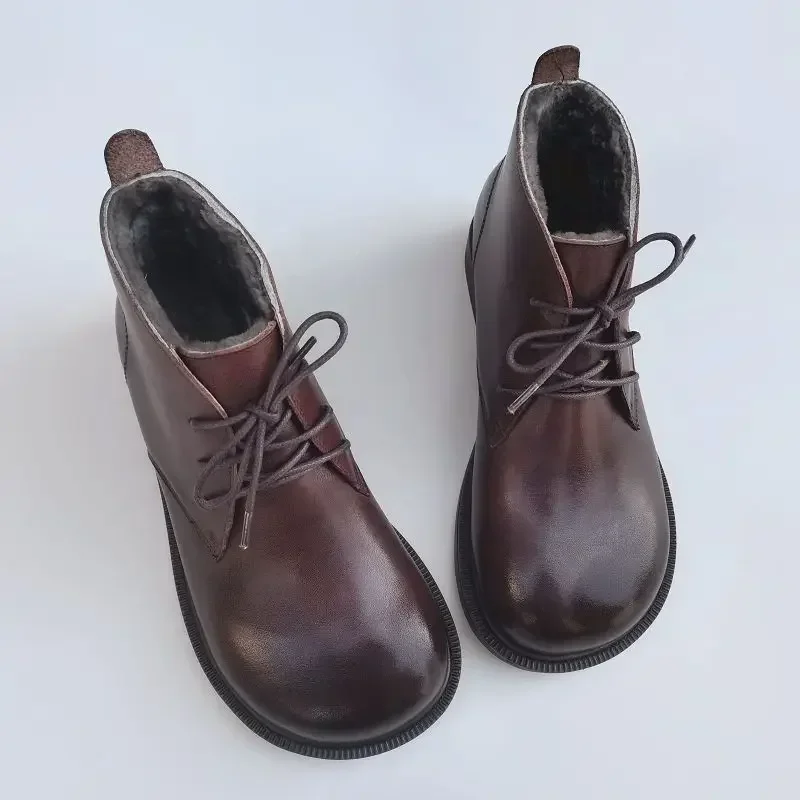 Winter Leather Sheepskin Fur Integrated Wide Toe Woman Short Boots Wool Non-slip Snow Boots Cotton Boots Ankle Women's Shoes
