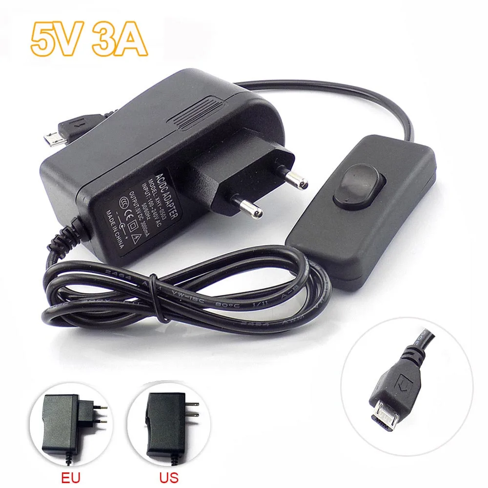 Micro USB  AC to DC 5V 3A 3000mA Power Supply Adapter Charger Transformer For Raspberry Pi Zero Tablet PC Switch EU/US Plug D5