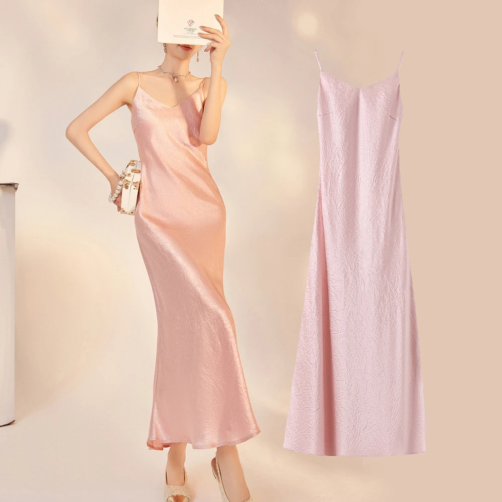 2026 Women's Fashion New High Waist Acetate Solid Color French Dress Sexy Simple Adjustable Shoulder Spaghetti Strap Long Dress
