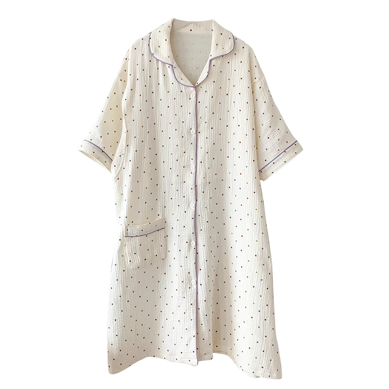 100% Cotton Double Gauze Nursing Night Dress for Maternity Sweet Loose Dot Printed Sleepwear for Pregnant Women Home Hospital