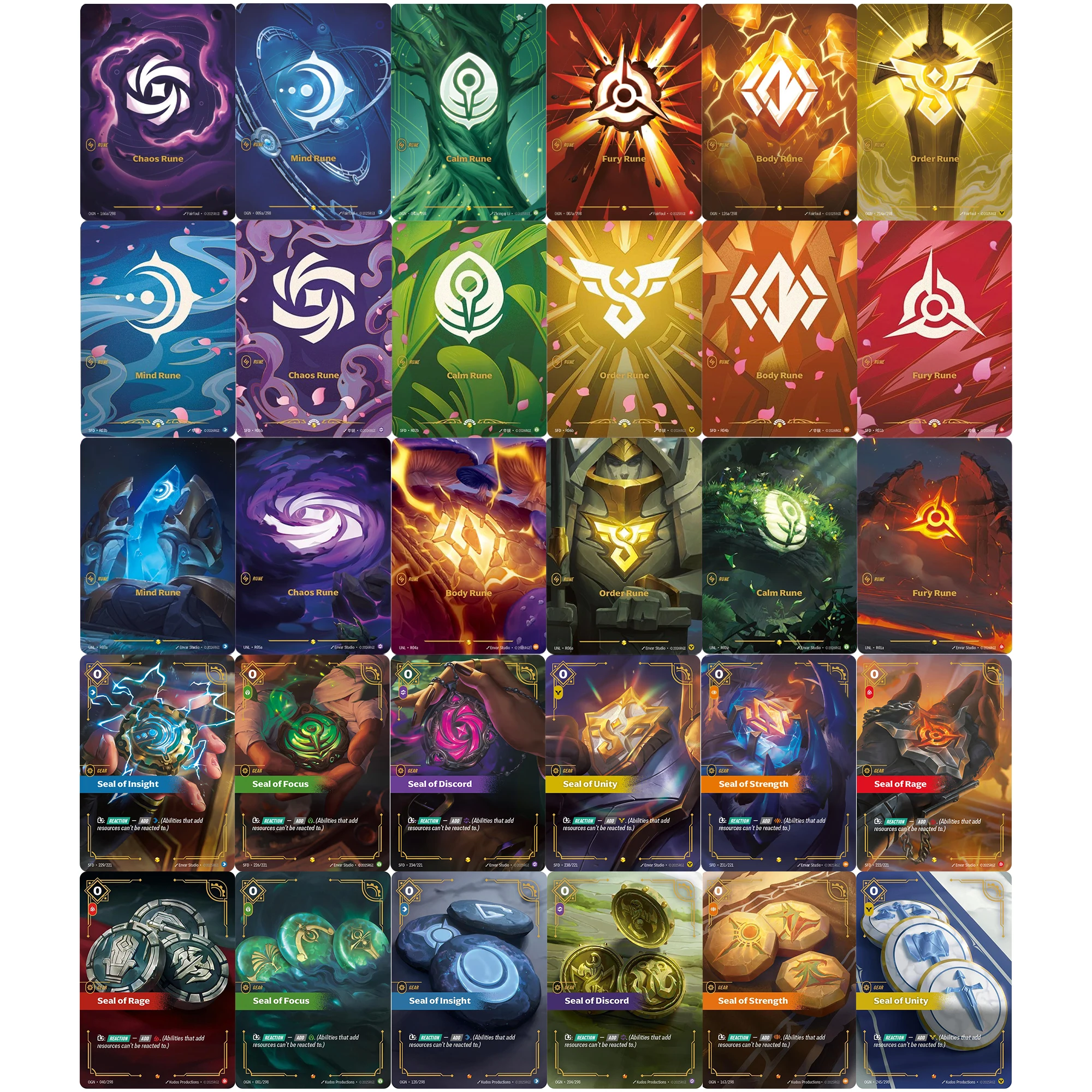 Lot de 6 cartes de runes League of Legends DIY à faire soi-même – Collection de cartes Flash « Fury », « Mind », « Calm », « Body », « Order », « Chaos » en anglais – Jouet de jeu de cartes