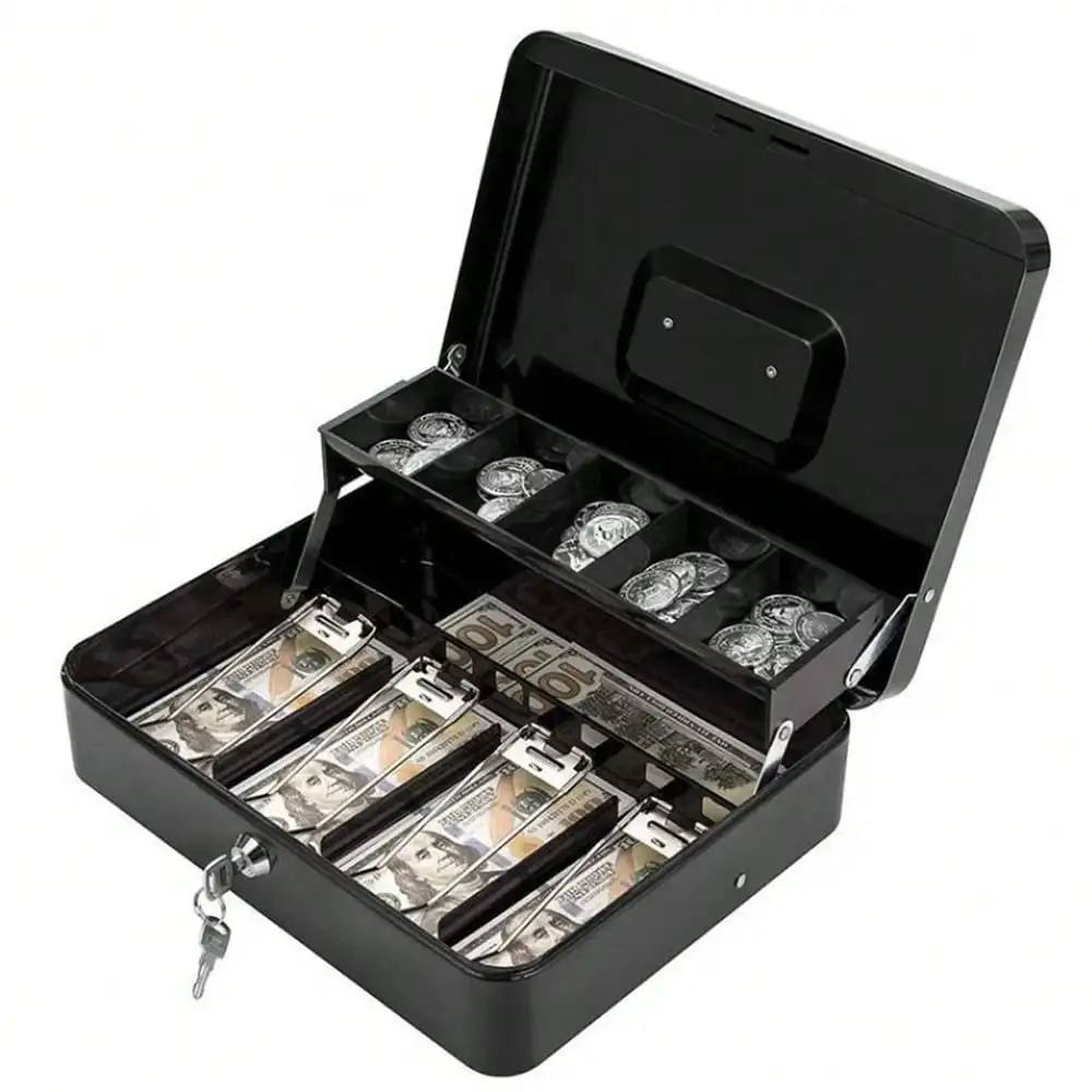 Geldkassette aus Eisen mit federbelasteten Geldscheinklammern, freitragendes Münzfach mit 5 Fächern, langlebiges mechanisches Schloss, mit Schlüsselschloss