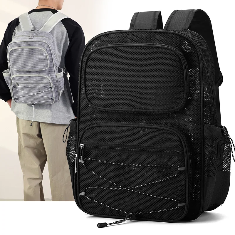 Mesh hollowed-out beach vacation backpack, mesh quick-drying fitness bag, multi-pocket large-capacity backpack
