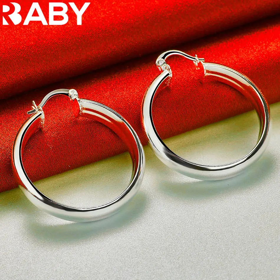 

URBABY 925 Sterling Silver 35mm Smooth Big Circle Hoop Earrings For Women Luxury Fashion Jewelry Party Wedding Accessories Gifts