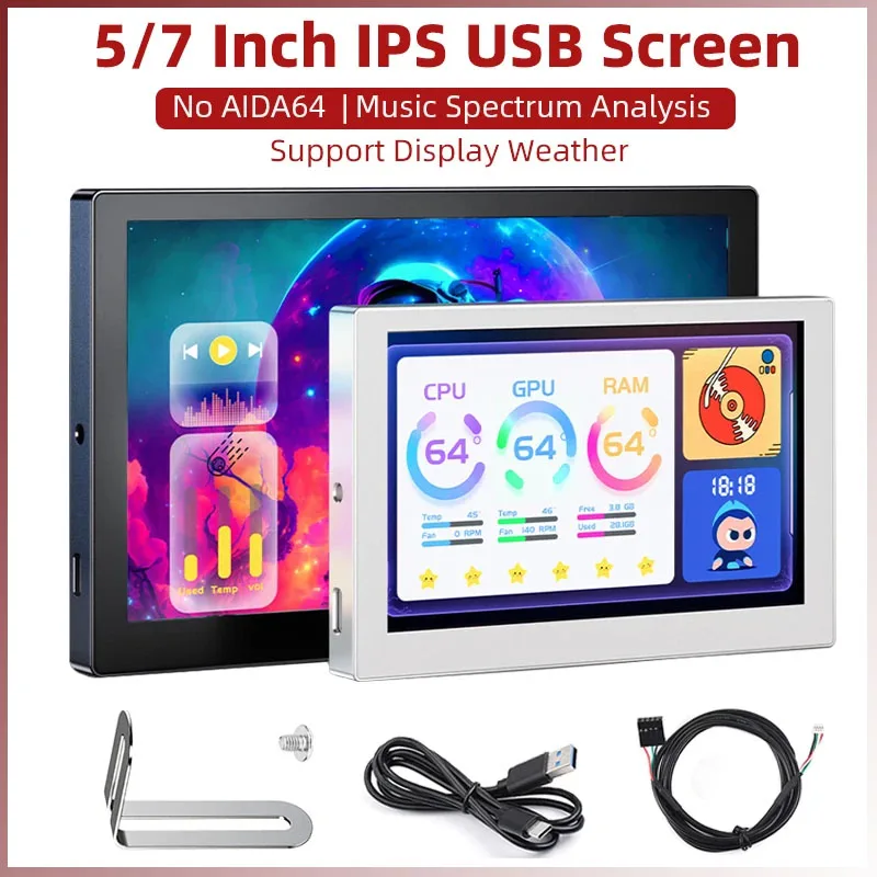 

7 Inch IPS Type-C Secondary Screen CPU GPU HDD Music Spectrum Monitor CNC Metal Case 5 Inch USB Display Computer Free AIDA64