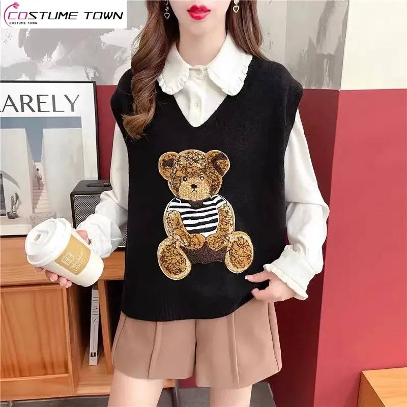 Spring and Autumn Knitted Cartoon Little Bear Vest Undercoat Women\'s 2023 Spring New Loose V-neck Knitted Sweater