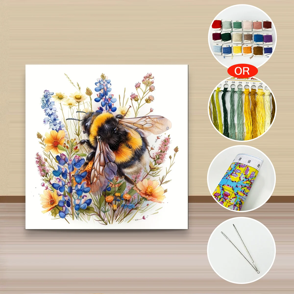 1 Stück 40x40 cm/15,74 Zoll, 11CT/14CT Druck Kreuzstich DIY-Set Neujahrsgeschenk Entspanntes Stickset für Anfänger, Honigbienen-Blumencluster – Detail 3