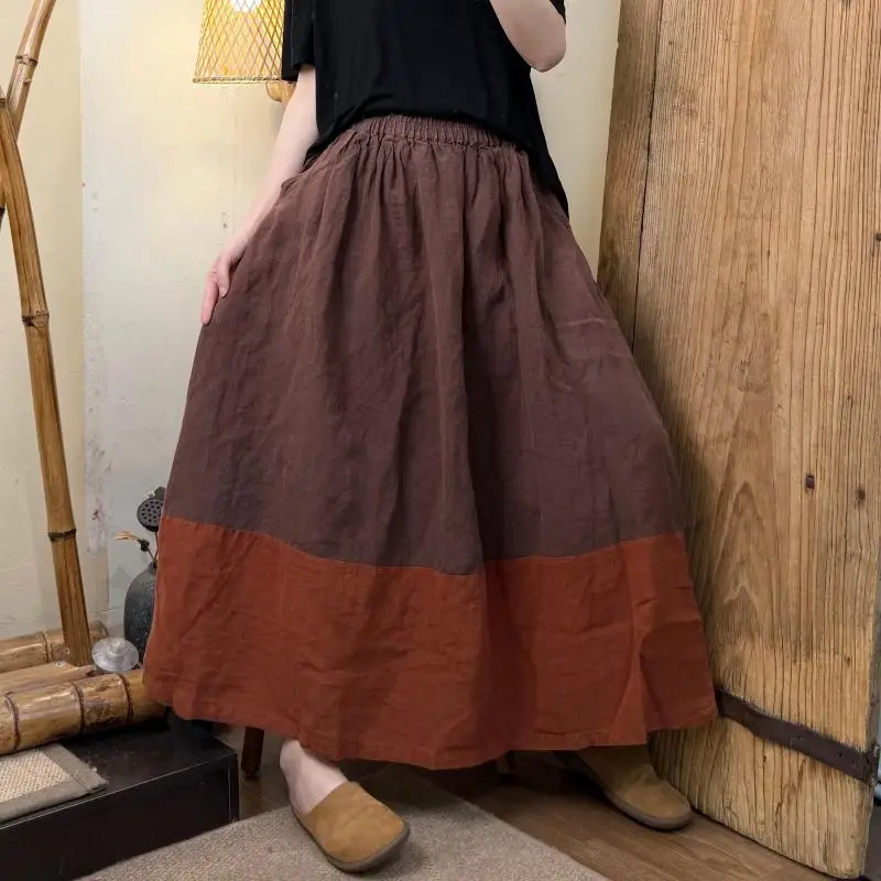 Nova primavera verão artes estilo feminino cintura elástica solta saia longa all-matched casual retalhos algodão linho a linha saias ht66