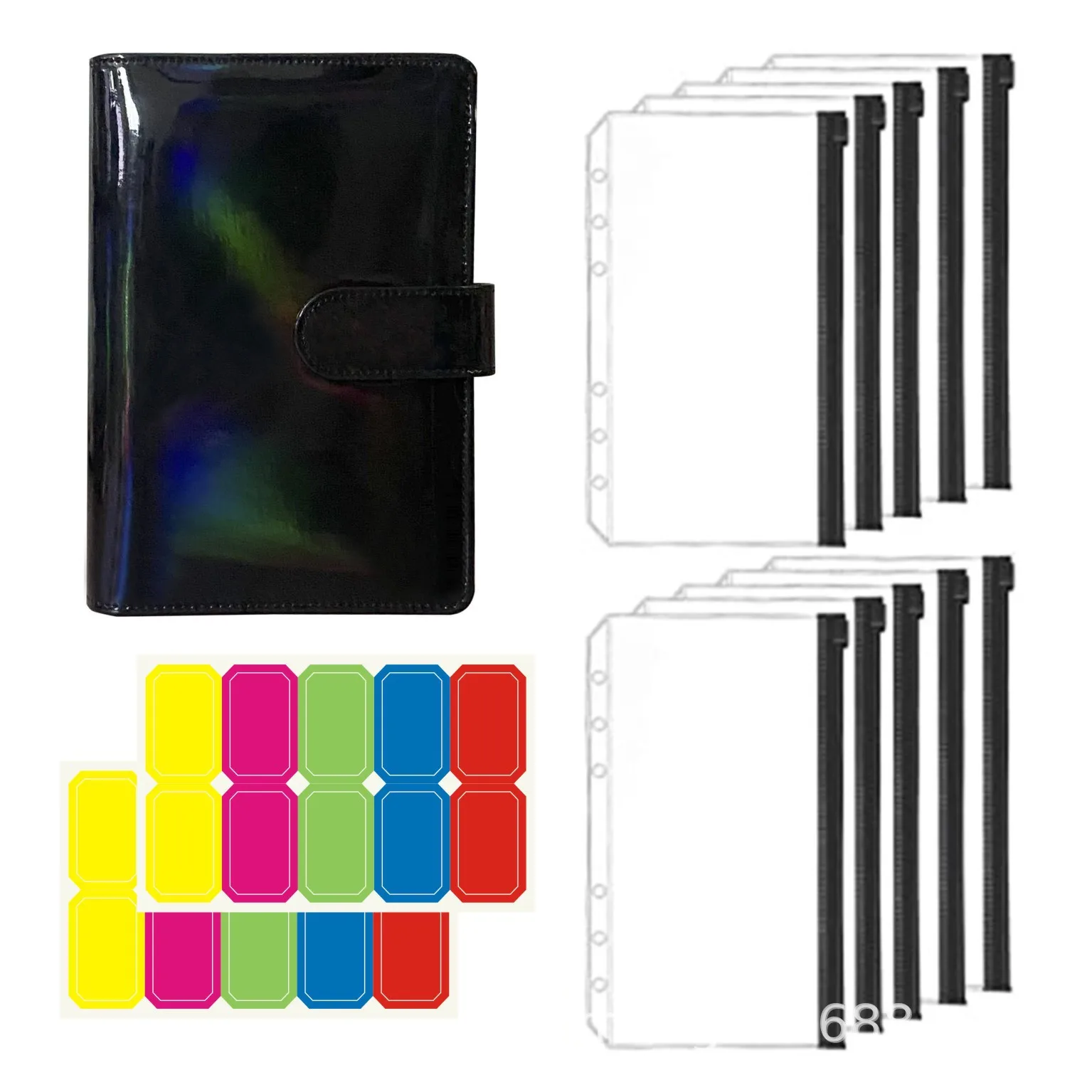 

A6 Laser PU Leather Notebook Binder Budget Planner Organizer 6 Ring Binder Cover With 10 Pieces Color Zip Bag