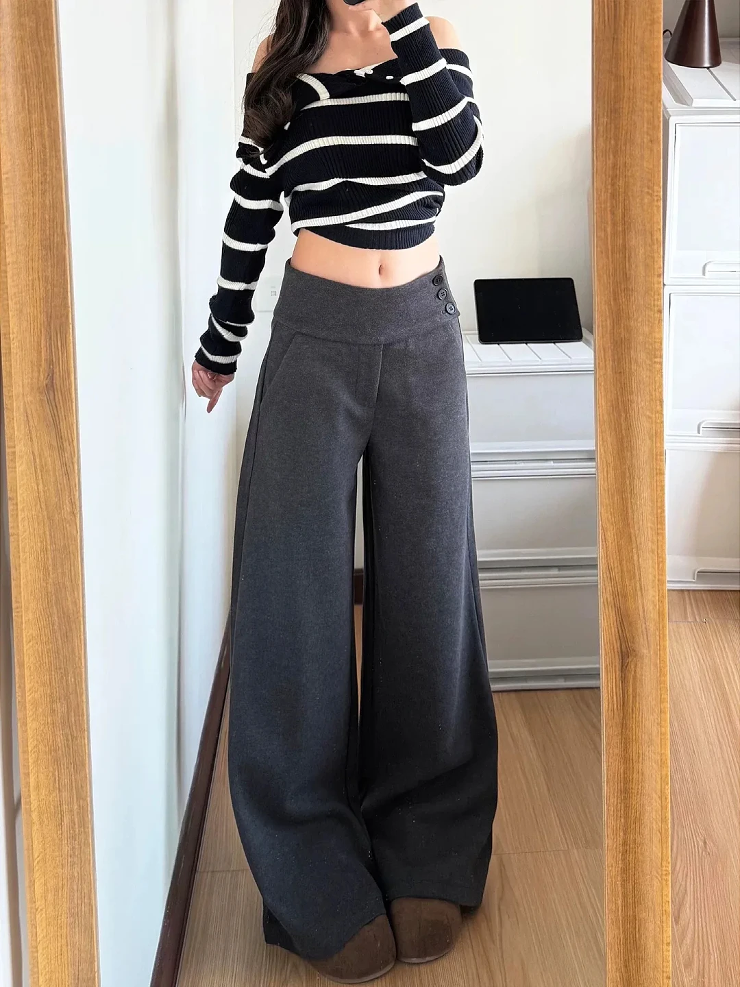 

plus Size Deep ey Woolen Wide Leg Casual Pants Women's Faion Autumn Winter New Sle High Waist Loose Versatile Suit Pants