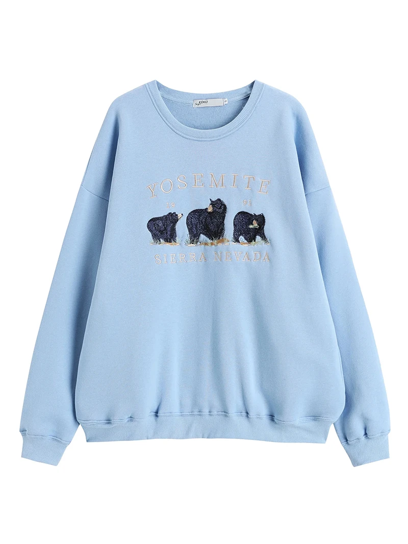 Vintage Cotton Long Sleeve Sweatshirt Sky Blue Crewneck Oversize Sweatshirt Women Embroidery Bear Graphic Sweatshirts For Women