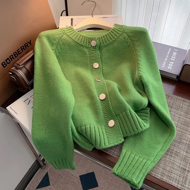 

High-End Knitted Sweater Cardigan Women's Early Autumn 2025 New Non-Balloning Long Sve round Ne Regular Length Outerwear