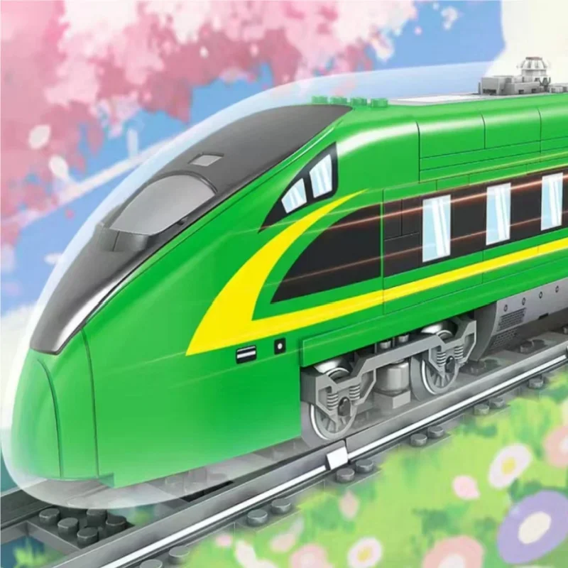 MOC LED Grün High Speed Rail Modell Blöcke Eisenbahn Zug Eisenbahn Track Gebäude Ziegel Stimme Ideen Tech Spielzeug Kinder Geschenke