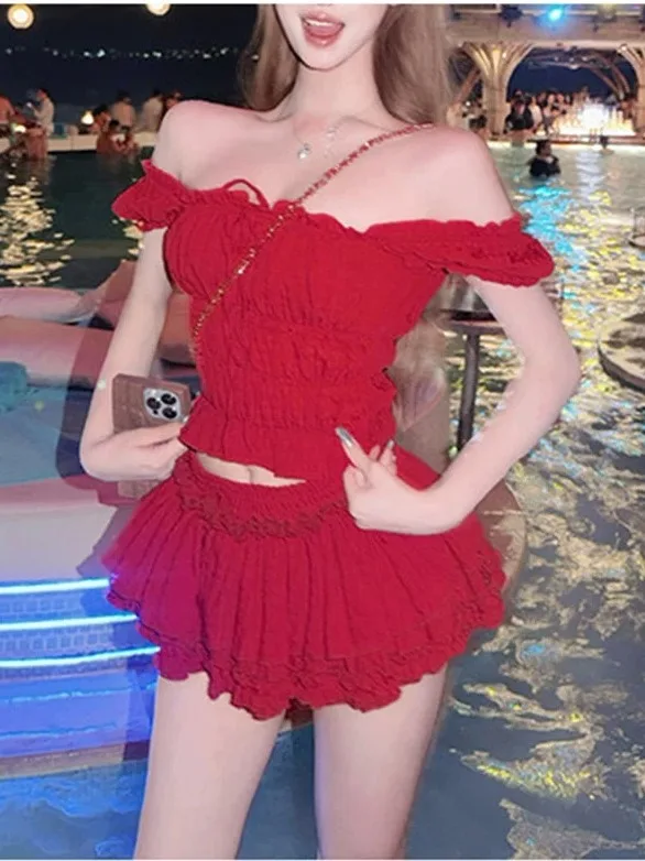 

Summer New Style Pure Desire Spicy Girl Wood Grain Tie One Shoulder Top Women High Waist A-Line Skirt Two-Piece Set