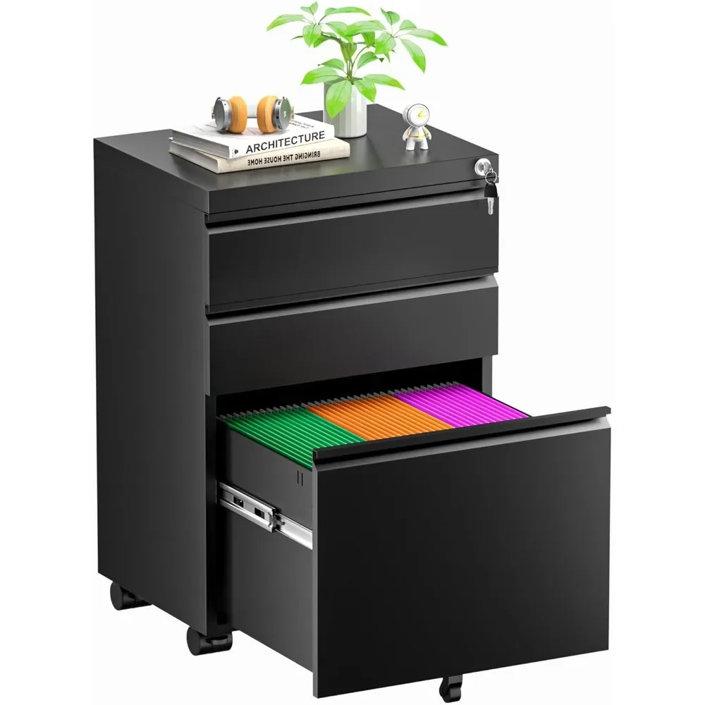 Black File Cabinet 3 Drawer, Metal Rolling Vertical Filing Cabinet with Wheels, Small Under Desk File Cabinet for Home Office