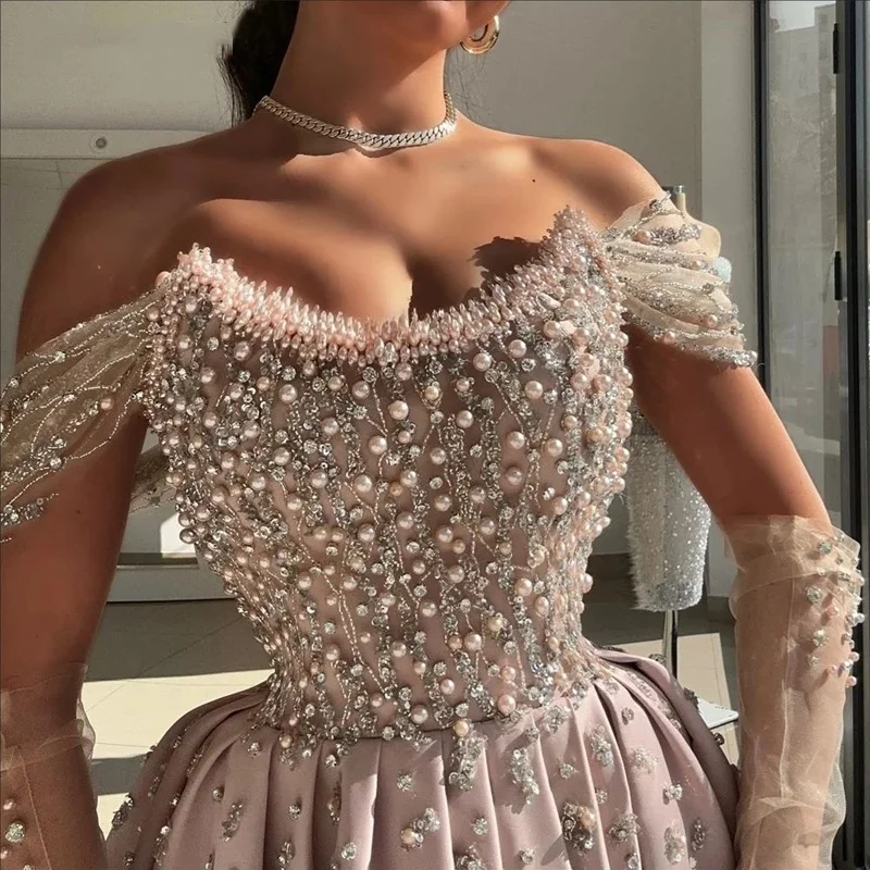 

Pink Elegant Off The Shoulder Evening Dresses for Woman Shiny Sequins Prom Dress with Pearl Sexy Lace High Slit Ball Gown
