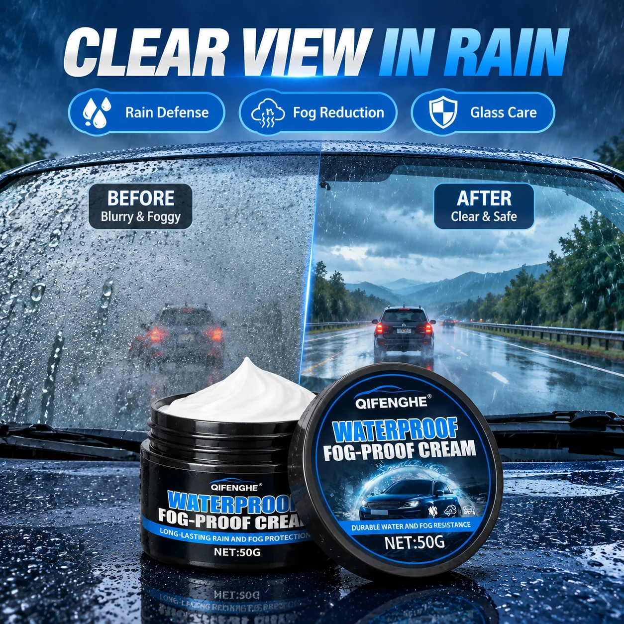 QIFENGHE 50g Car Glass Waterproof Fog-Proof Cream, Windshield Rain Repellent Coating Paste for Car Window Rearview Mirror, Impro