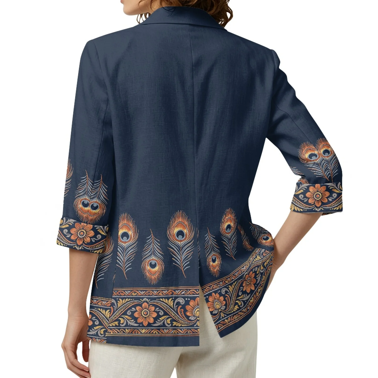 PENSTROLL Peacock Feather Linen Like Open Front Top Layering Top for Lady Lightweight Outerwear